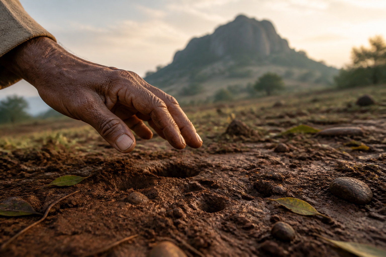 A shepherd's hand held above soft earth marked by sheep tracks, with a rocky hill in the background.