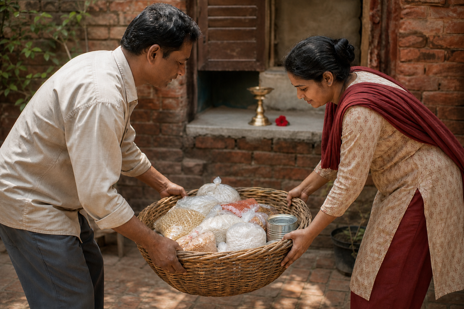 One person helps another lift a basket of supplies in a courtyard while a brass lamp and red flower rest on a windowsill in the background.