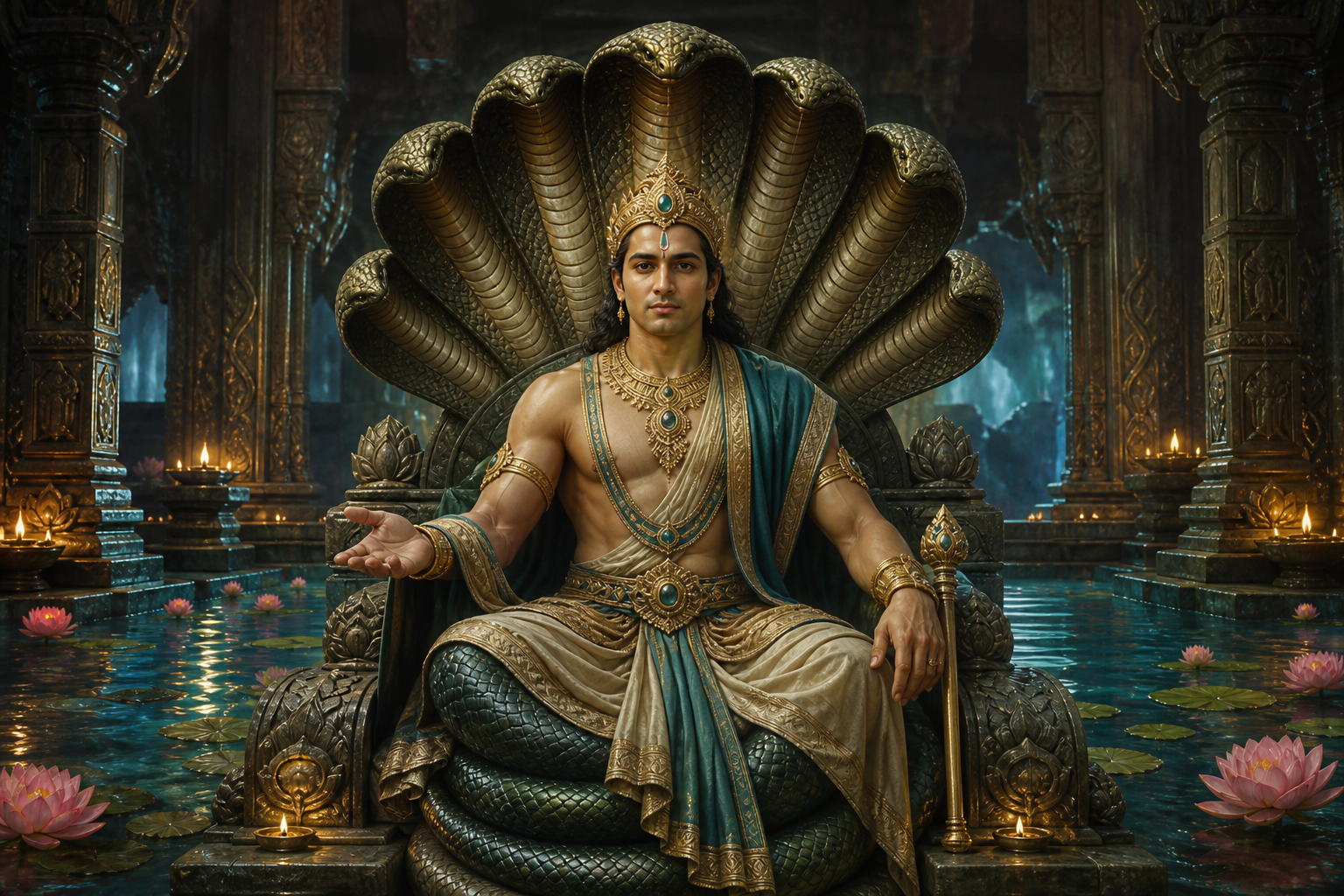 A crowned Naga sovereign sits beside a lotus pool beneath a protective canopy of cobra hoods in a lamp-lit pillared hall.