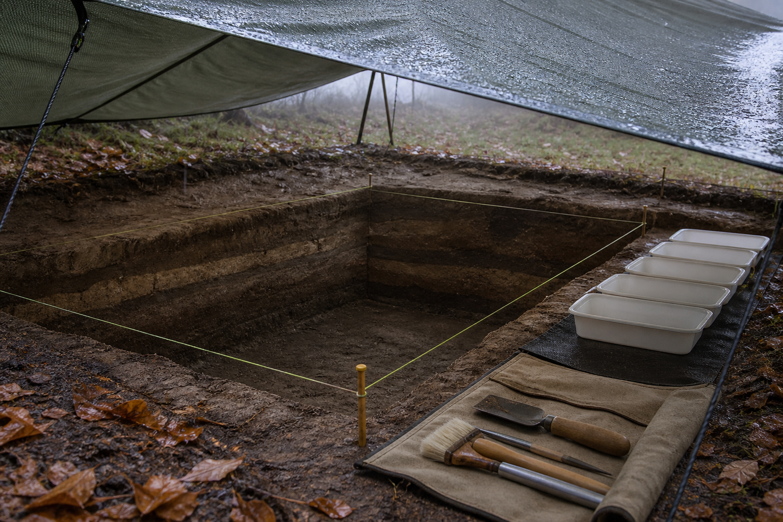 A protected but inactive excavation trench shows exposed soil layers beneath a rain-covered canopy, with stored tools and blank evidence trays nearby.