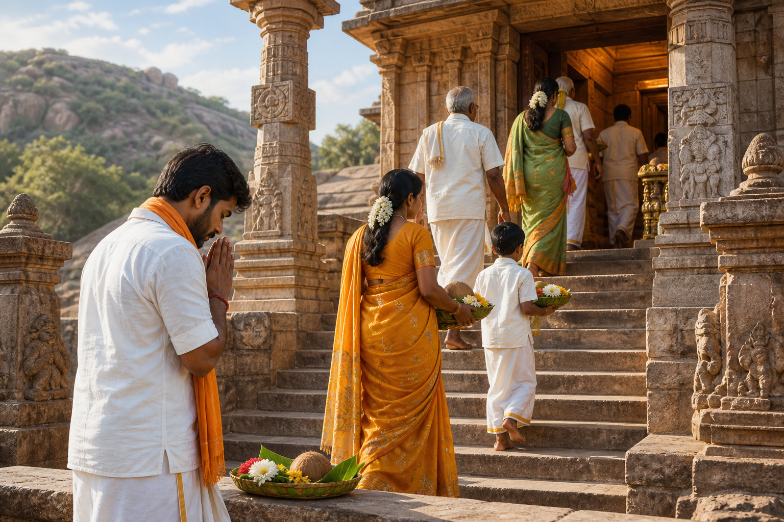 Pilgrims carrying flowers and coconuts approach a hill temple while one devotee pauses with joined palms.