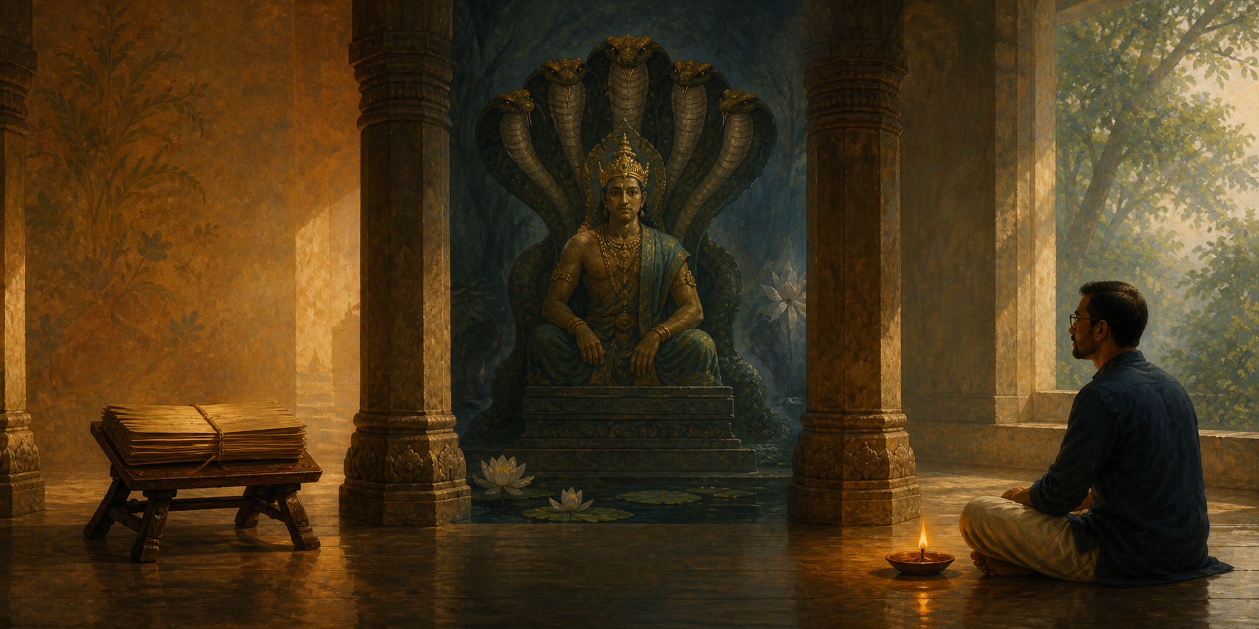 A central Naga sovereign wearing a modest diadem stands among other Naga chiefs in a misty aquatic court.