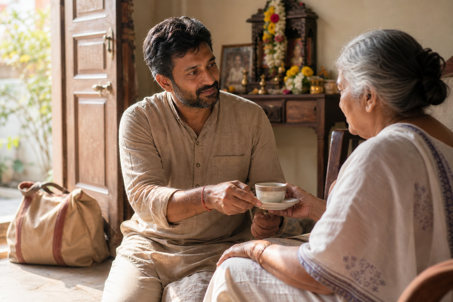 A returned pilgrim serves tea and listens to an older family member in a quiet, sunlit home.