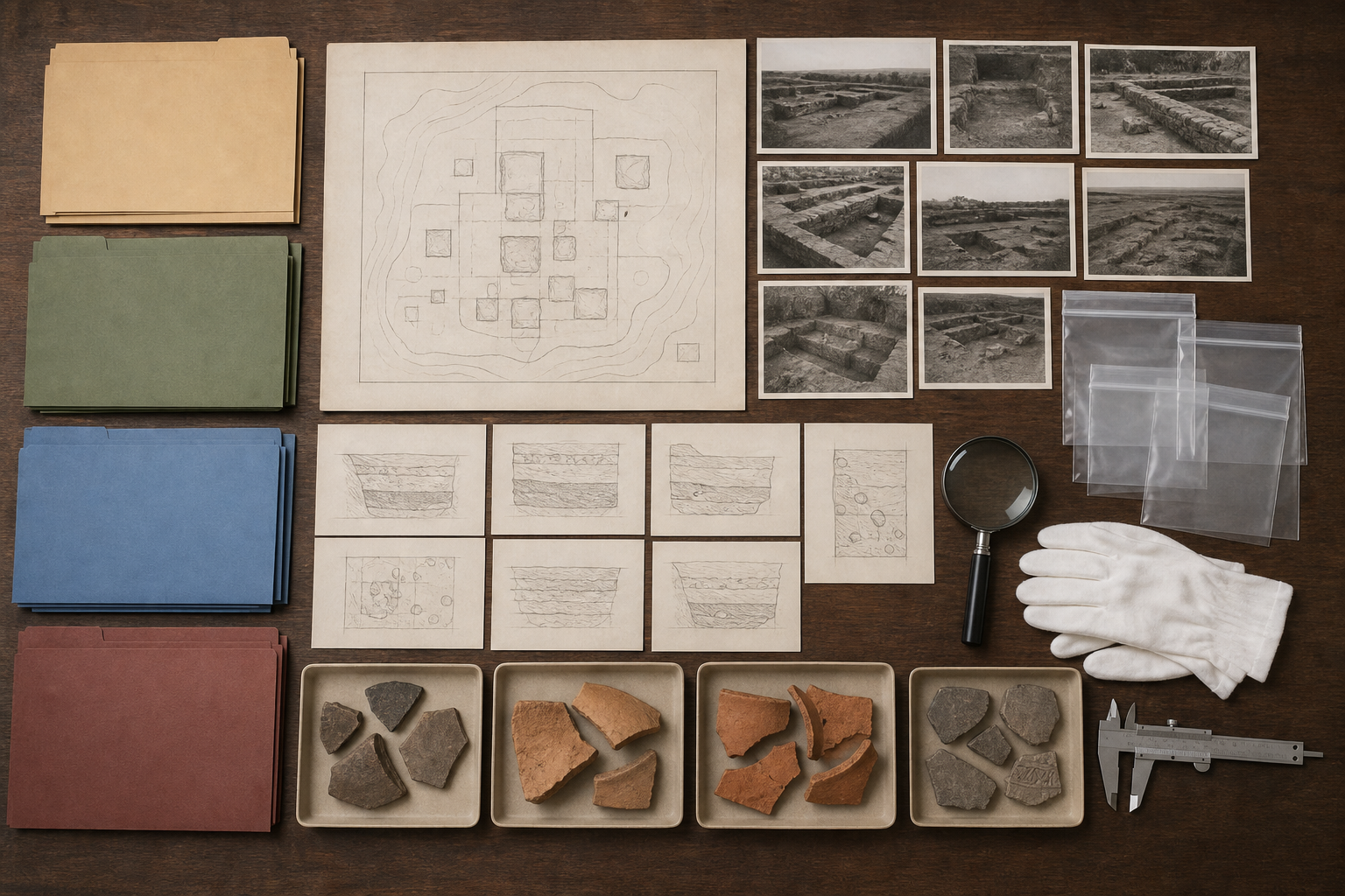 An overhead table displays an unlabeled site plan, soil-layer sketches, artifact trays, blank sample bags, archival excavation images, measuring tools, and unmarked record folders.