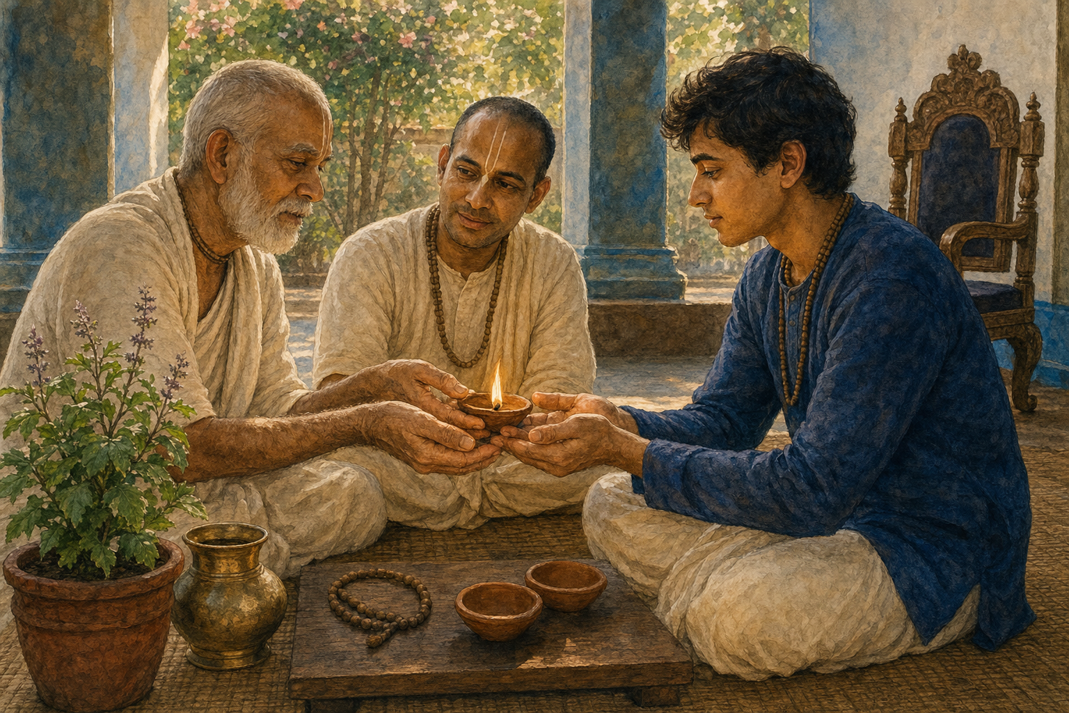 An elder, a teacher, and a younger seeker share a flame among clay lamps while seated together beside a tulasi plant.
