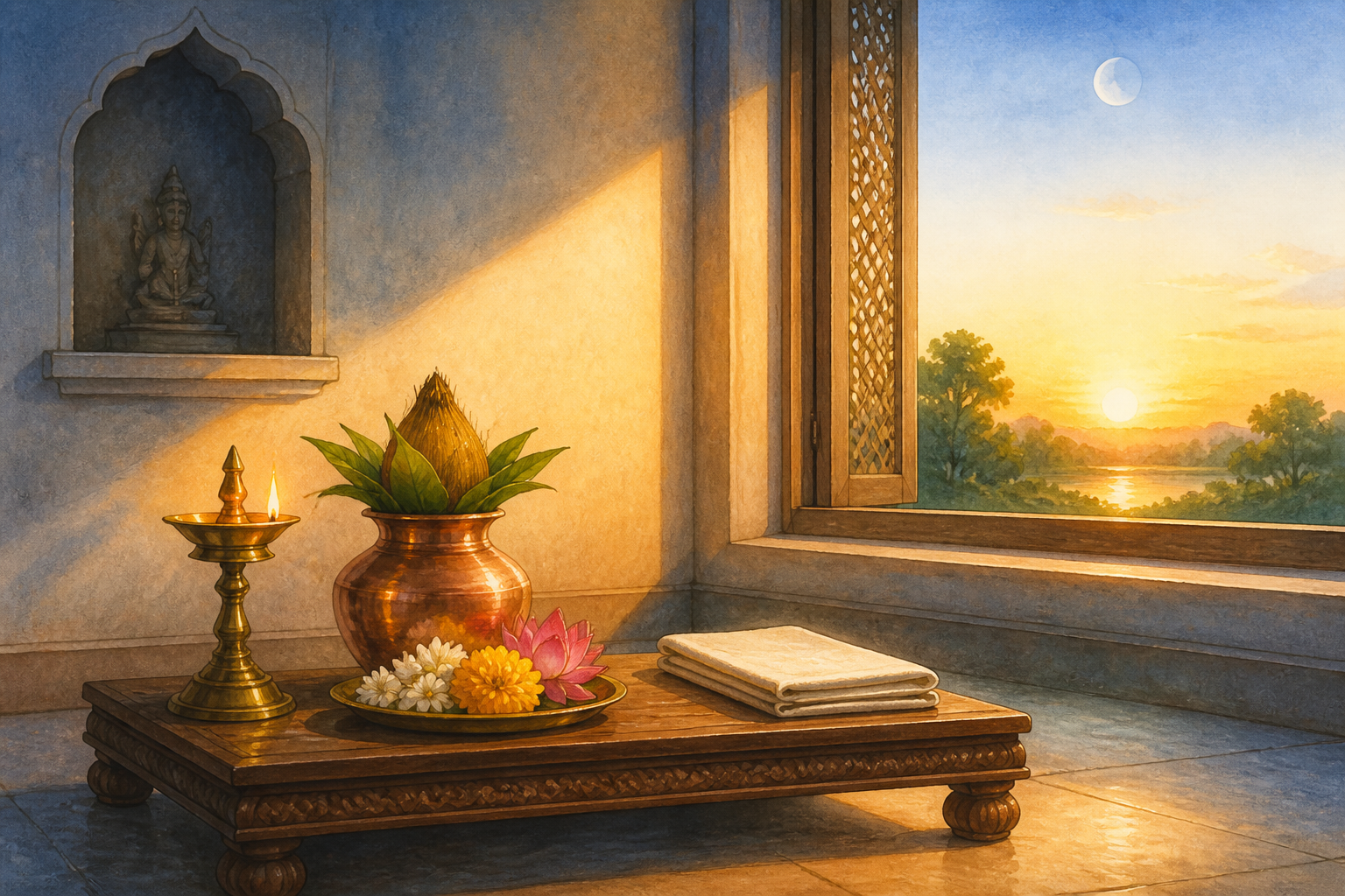 A sunrise-lit home puja space with a brass lamp, copper kalasha, flowers, and a faint waning moon visible through the window.