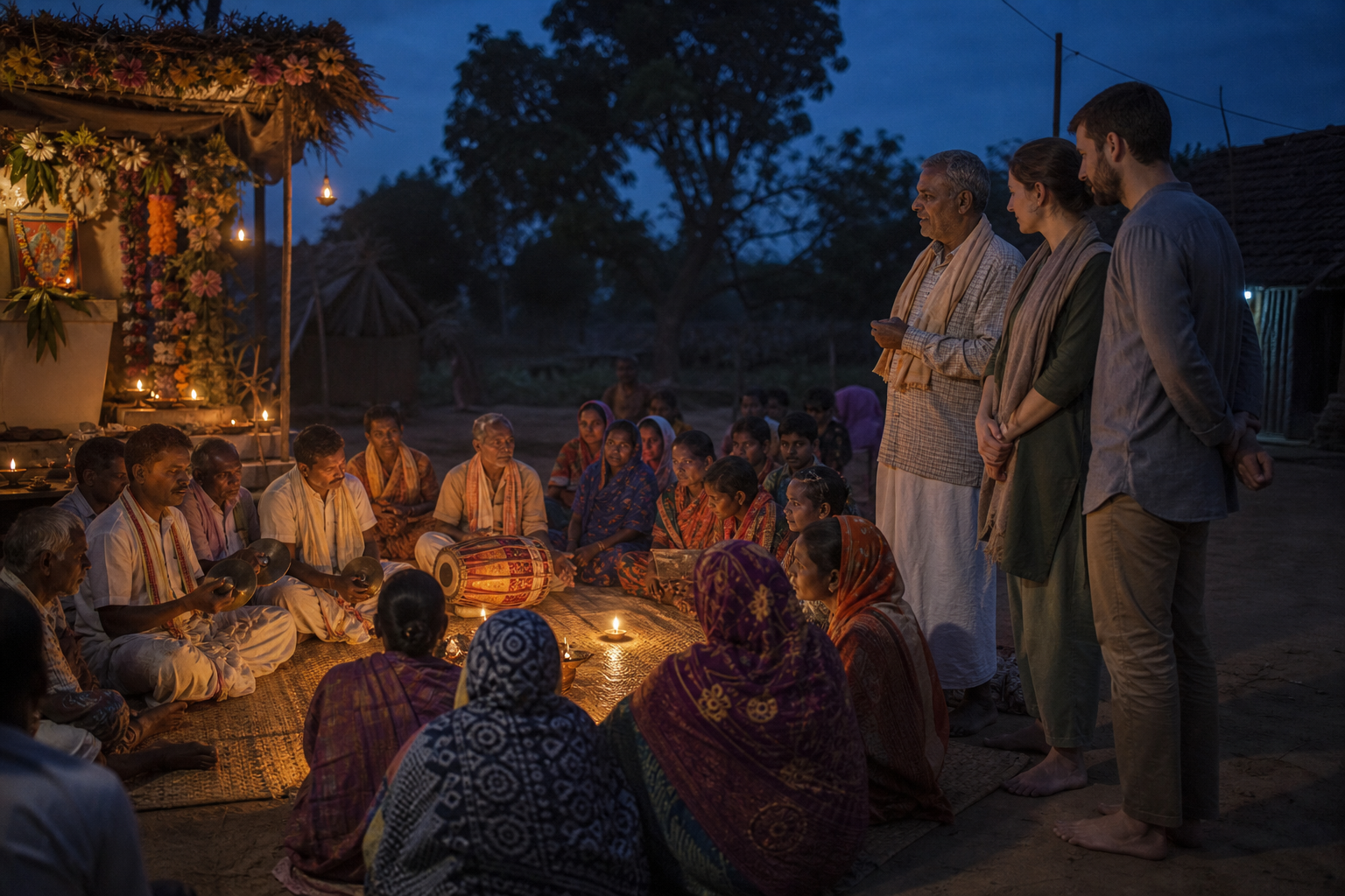 Families gather around a small flower-decorated shrine for evening worship as musicians play and visitors observe beside a local host.