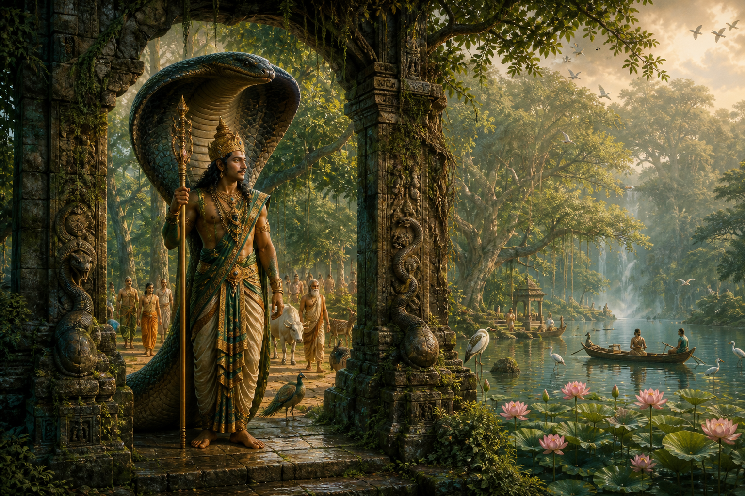 A calm cobra coils around a spring beneath tree roots as water flows toward lotuses and a fertile river plain.