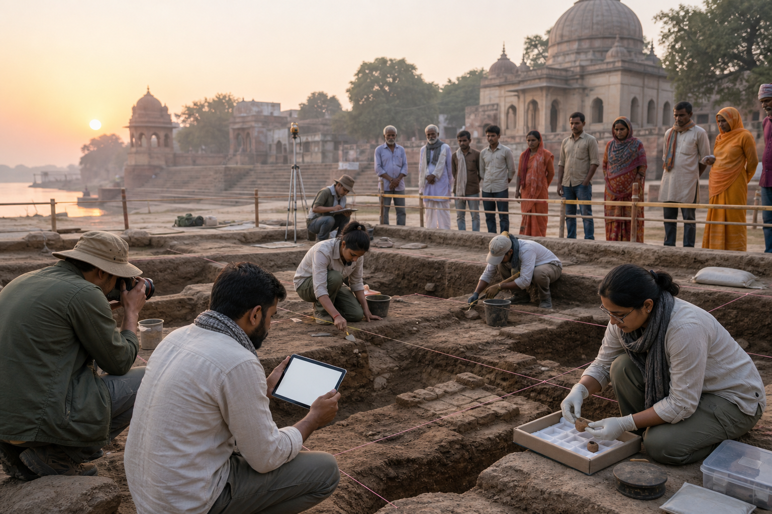 Archaeologists, conservators, surveyors, and heritage observers carefully document a small excavation near a protected North Indian sacred precinct at sunrise.