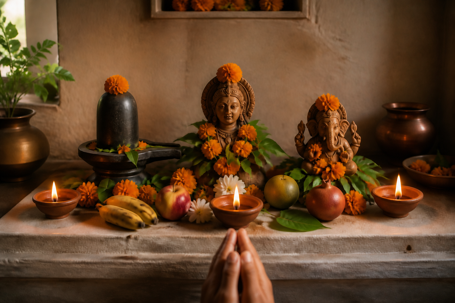 Three devotional focal points, clay lamps, flowers, fruit, and ritual vessels are arranged on a low altar before a devotee's folded hands.