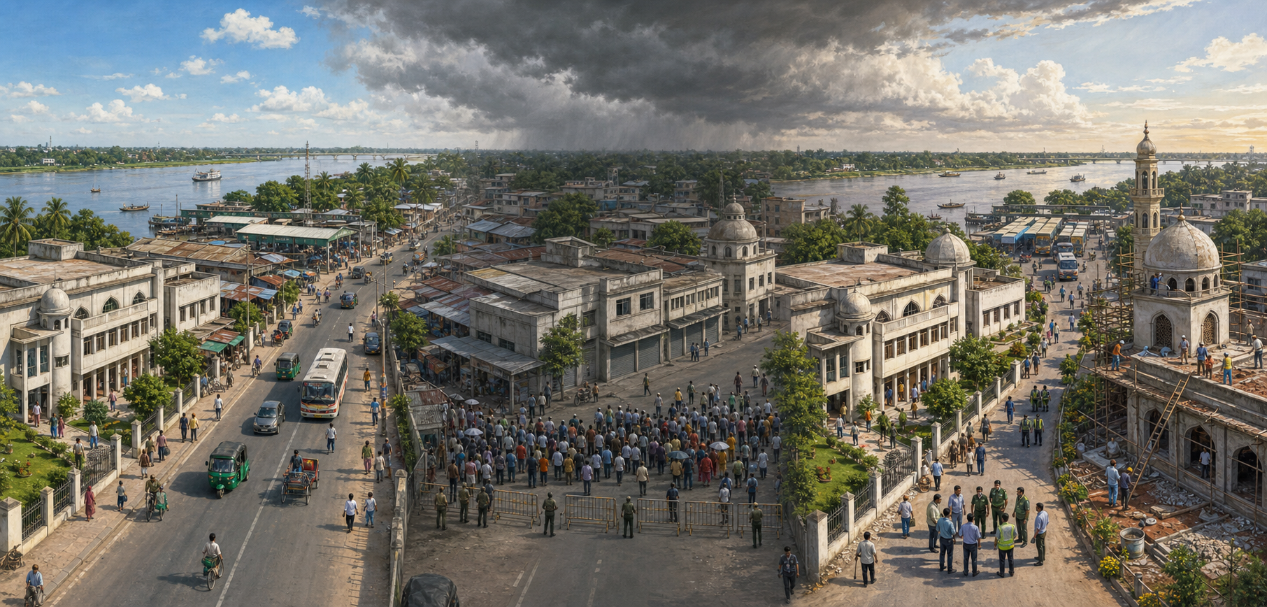 Three-part editorial illustration of the same Bangladeshi civic district under stable, strained, and recovering institutional conditions.