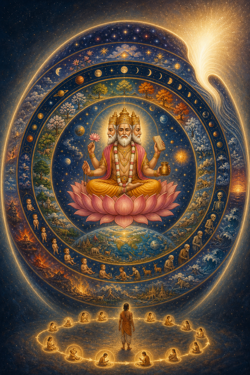 Four-faced Brahma sits on a lotus inside a luminous cosmic sphere surrounded by rings of stars and recurring life, while a small human figure faces an opening into boundless light.