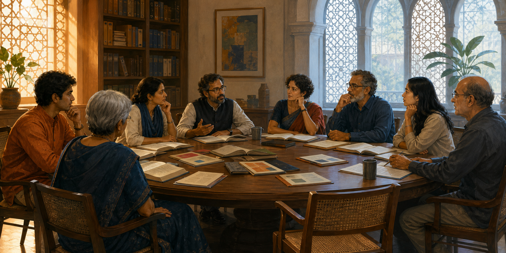 Students, scholars, and community participants discuss open books around a circular table in a university seminar room, with one chair left unoccupied.
