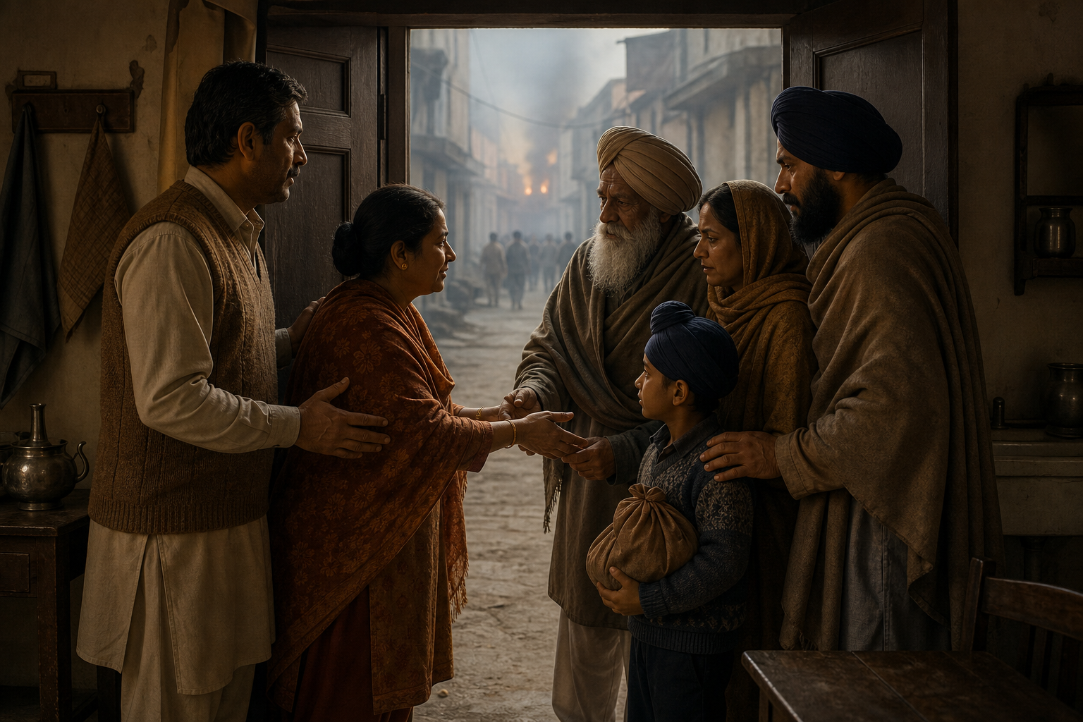 A Hindu couple shelters a Sikh family inside their home as smoke and distant threatening figures appear in a 1984 Delhi lane.