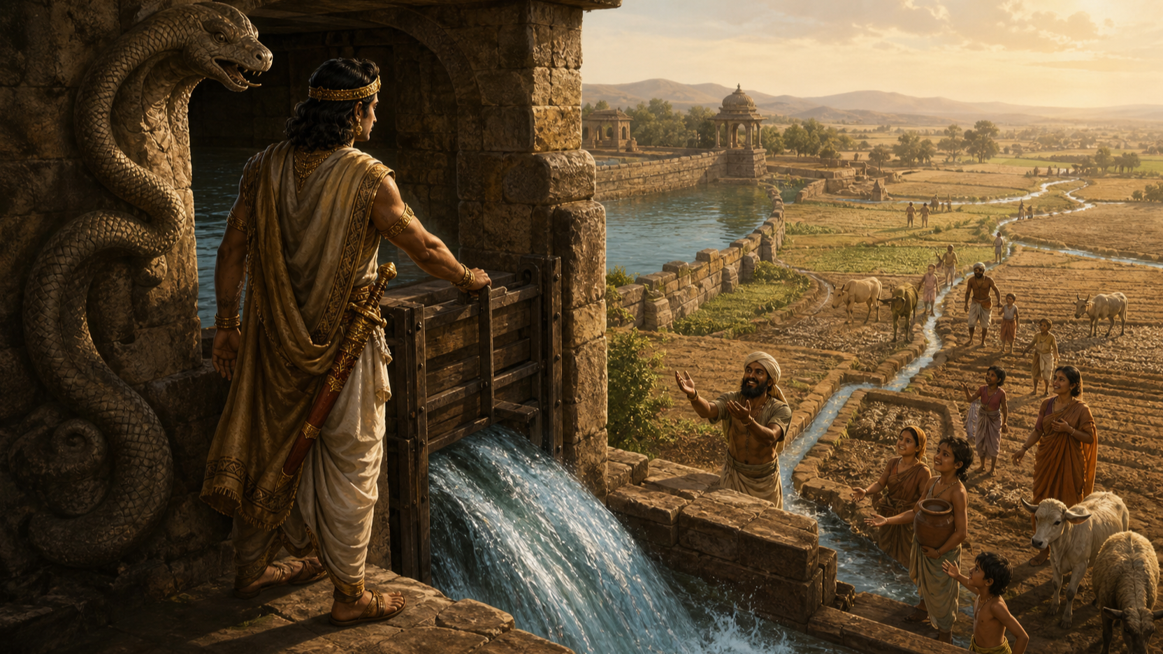 An ancient ruler opens a Naga-decorated reservoir gate so water can flow toward people, animals, and fields.