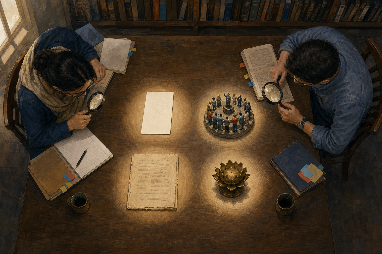 Two researchers compare separately arranged political, historical, civic, and cultural objects on a university library table.