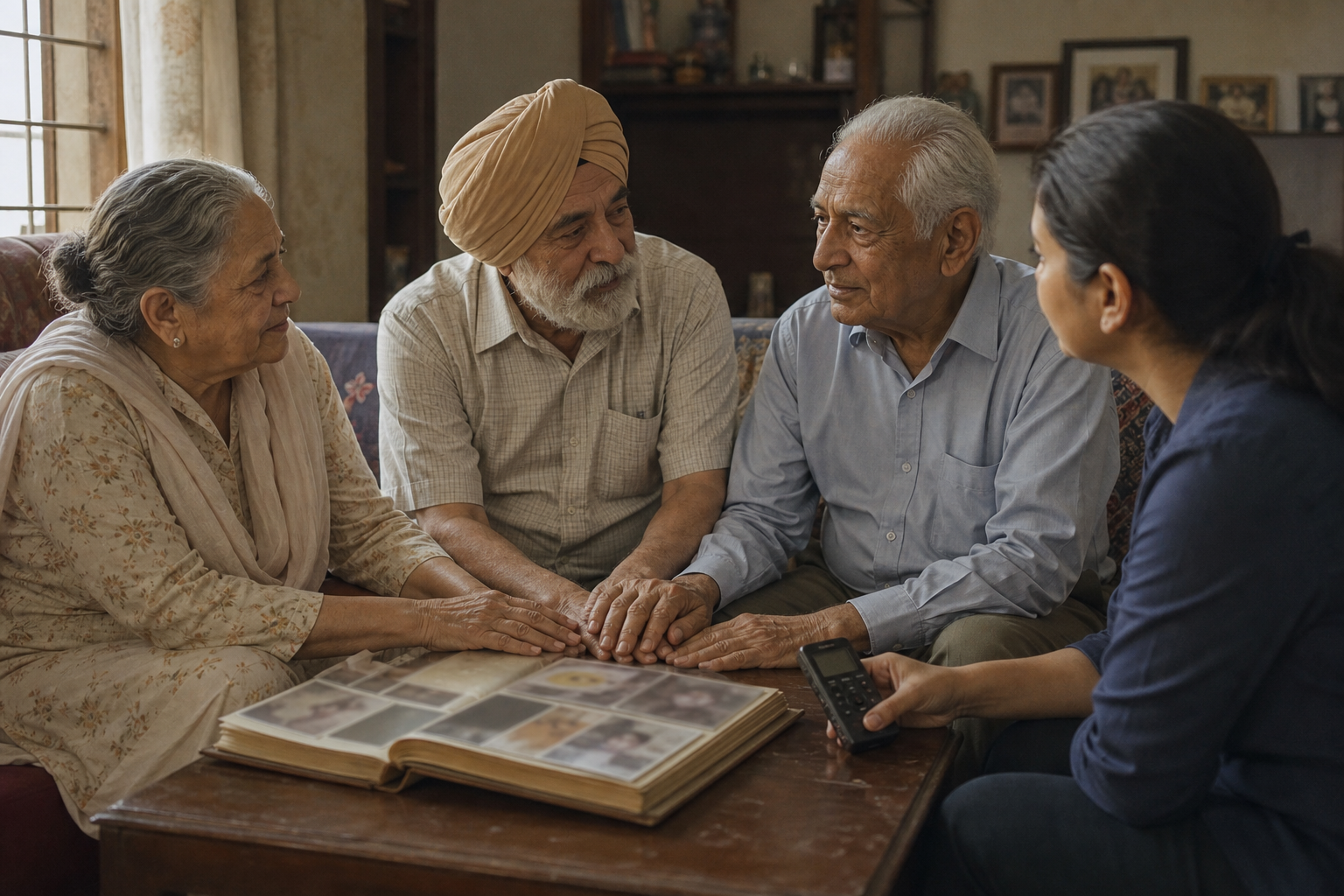 Three elderly neighbours, including a Sikh man in a turban, share memories while a younger relative records their conversation.