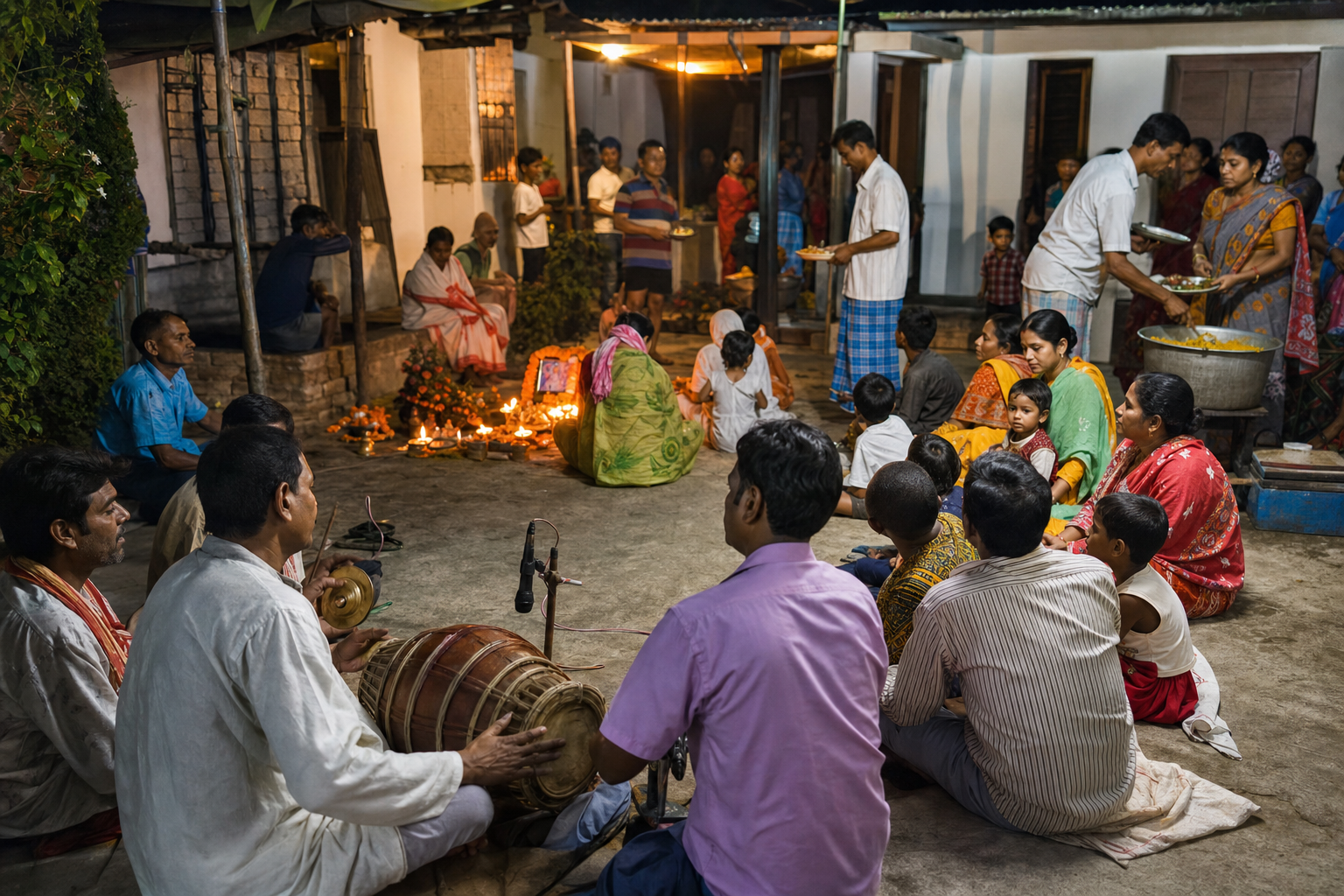 Devotional musicians perform as worshippers sit near lamps and offerings and neighbors serve food in a village courtyard.