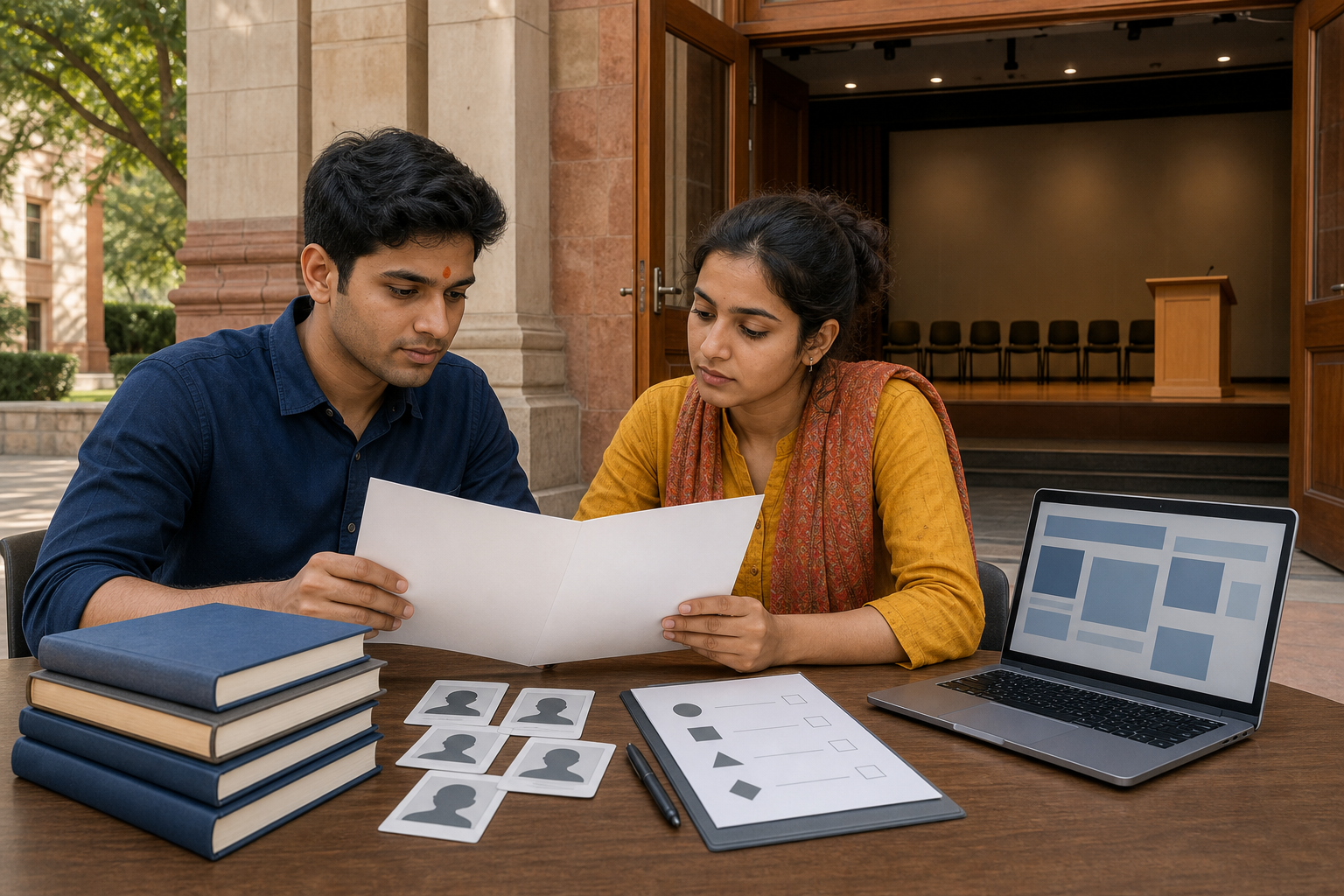 Two students review event materials and speaker profile cards outside an empty university lecture hall.