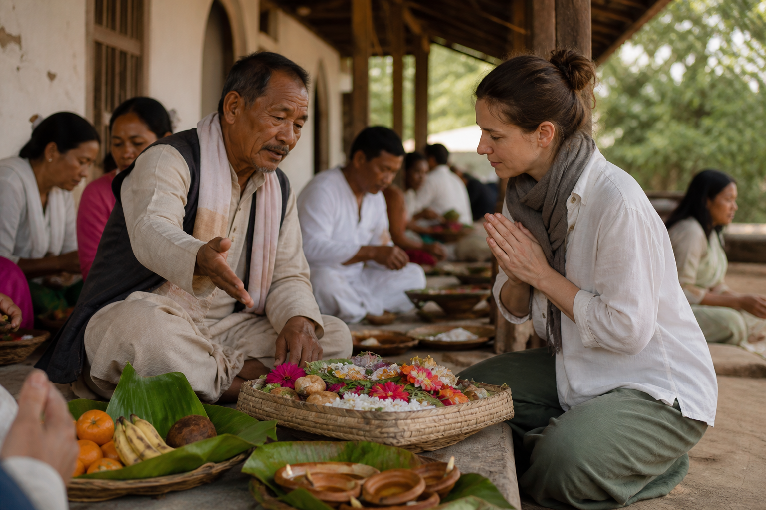 A community elder shows an attentive visitor how local offerings are arranged on woven trays beside flowers and clay lamps.