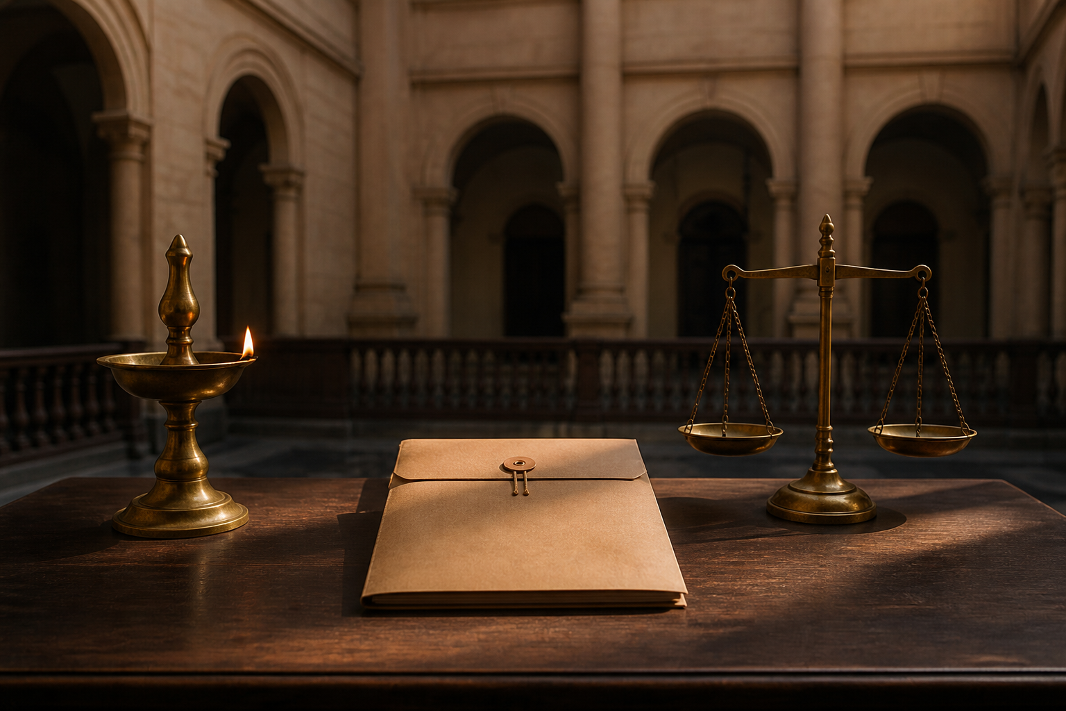 An unmarked complaint folder lies between a brass oil lamp and balanced scales in a quiet Indian courthouse setting.
