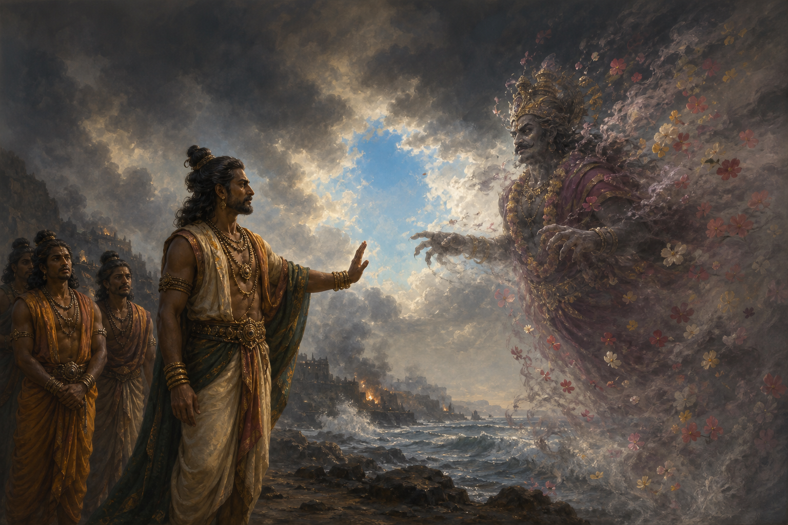 Vibhishana gestures for waiting allies to hold back as a threatening figure on a smoky coastal battlefield dissolves into mist and petals.