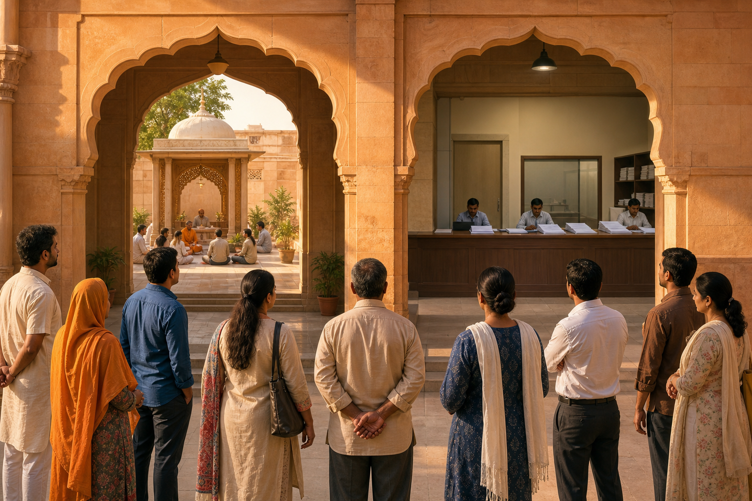 Adults stand in a Rajasthan sandstone courtyard between a ceremonial gathering space and a government office counter with unmarked papers.
