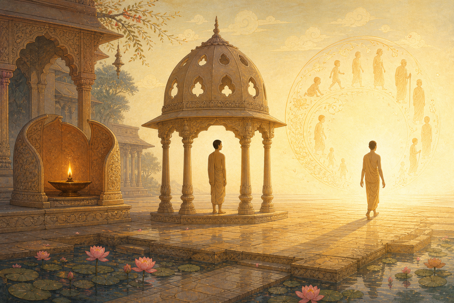 A temple courtyard contains a sheltered oil lamp, a person beneath a protective canopy, and a second person leaving a circle of silhouettes for an open field of light.