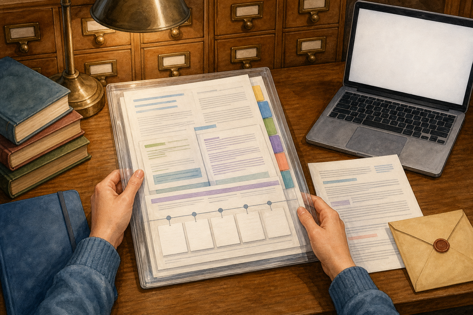 A student organizes source excerpts, blank timeline cards, a letter, and supporting materials into an evidence packet at a library desk.