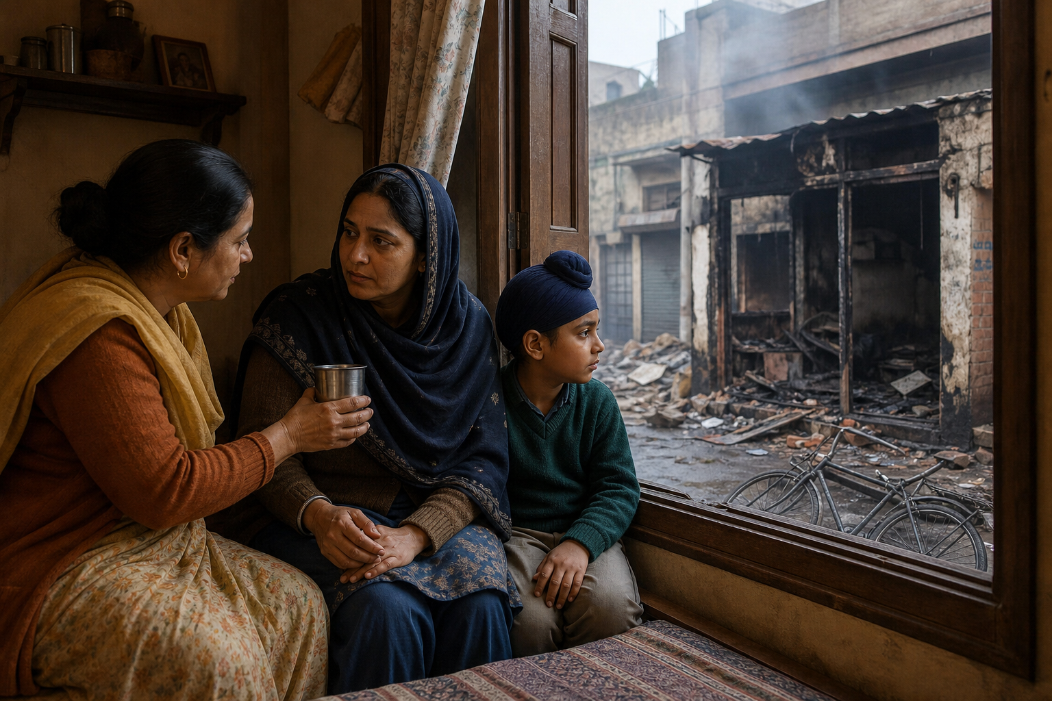 A Hindu neighbour comforts a Sikh mother and child inside a home while smoke and damaged property are visible through the window.