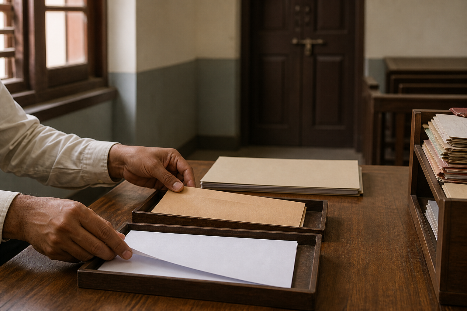 A legal clerk's hands sort an unmarked complaint folder and evidence envelope before a closed courtroom door.
