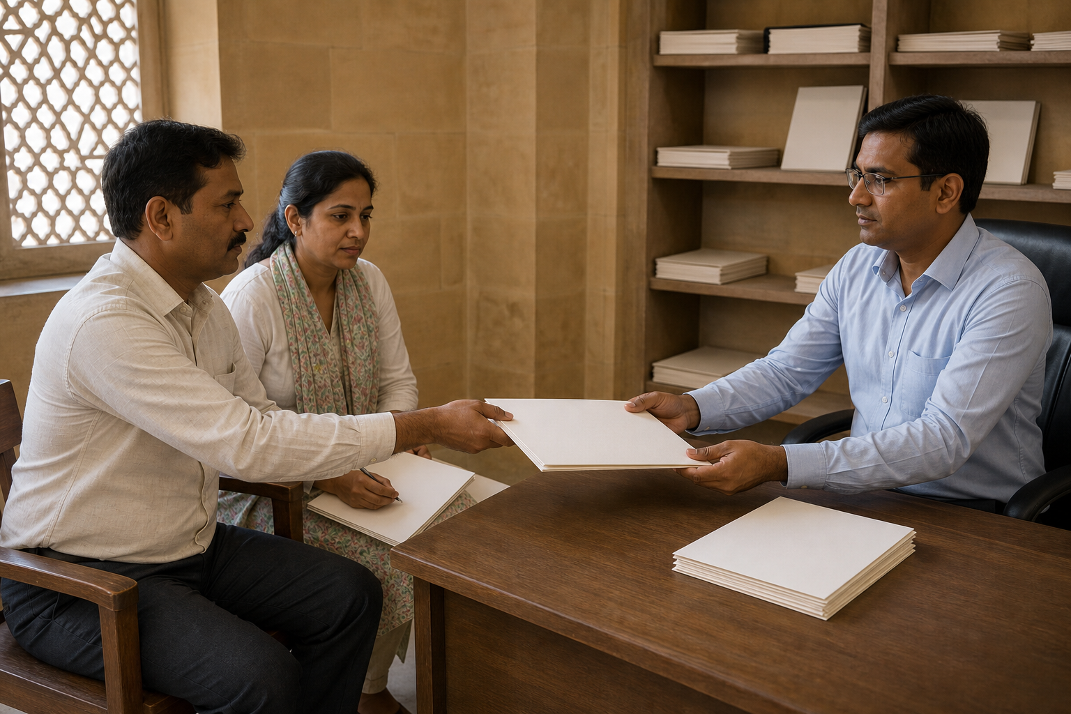 An applicant and legal adviser meet a clerk at a government office desk with blank forms and folders.