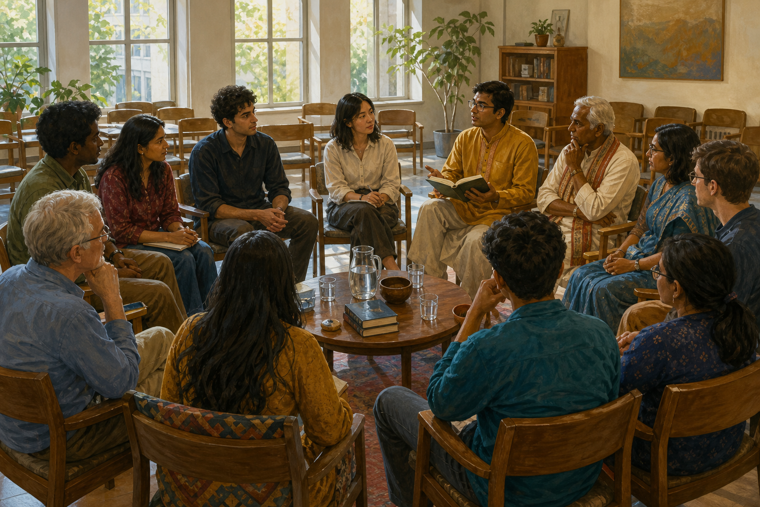 Students, scholars, and Hindu community participants listen and exchange evidence in an equal-seating university discussion circle.