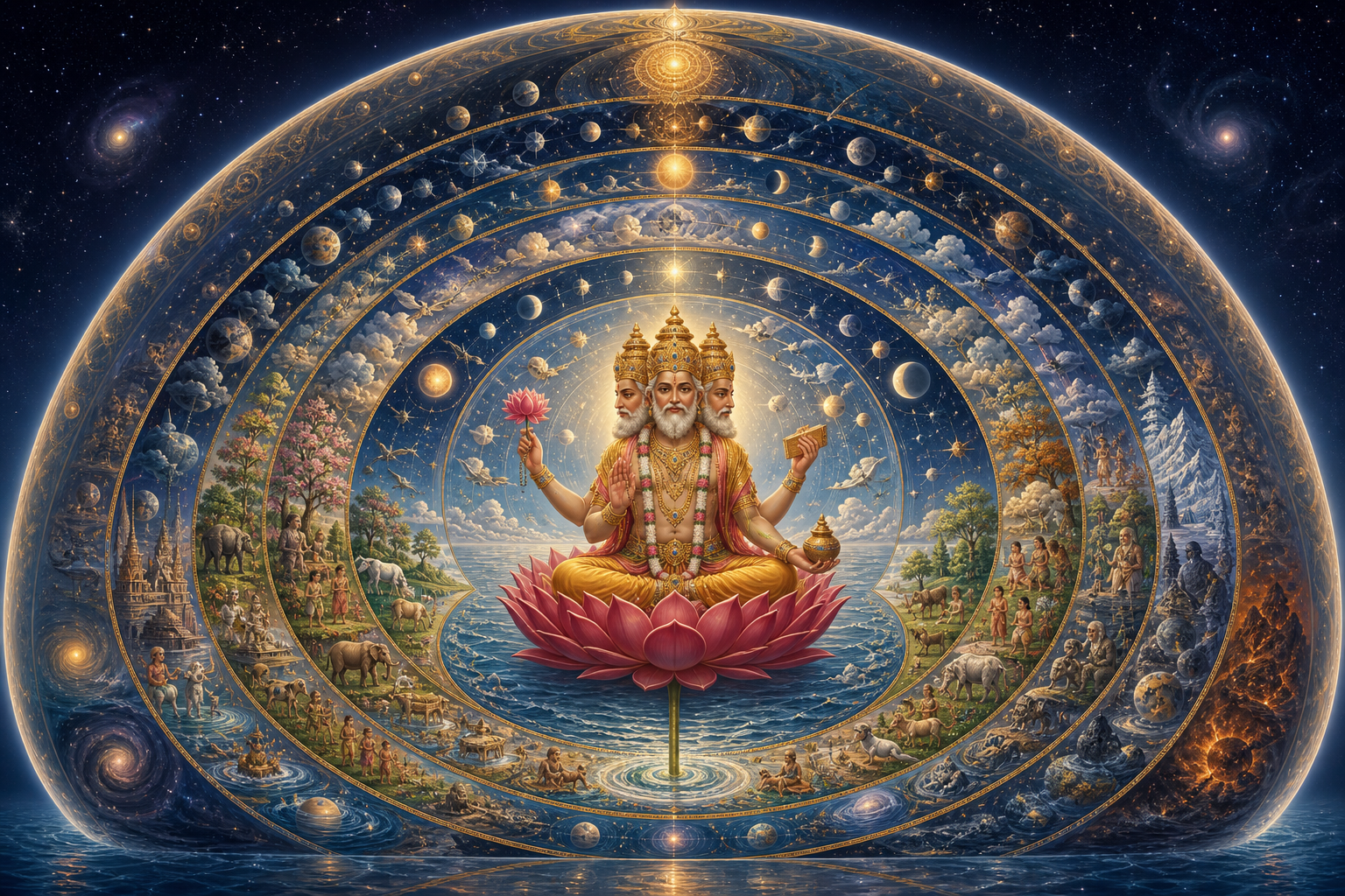 Four-faced Brahma sits on a lotus at the center of a cosmic egg filled with orbiting worlds, seasons, living beings, and dissolving forms.