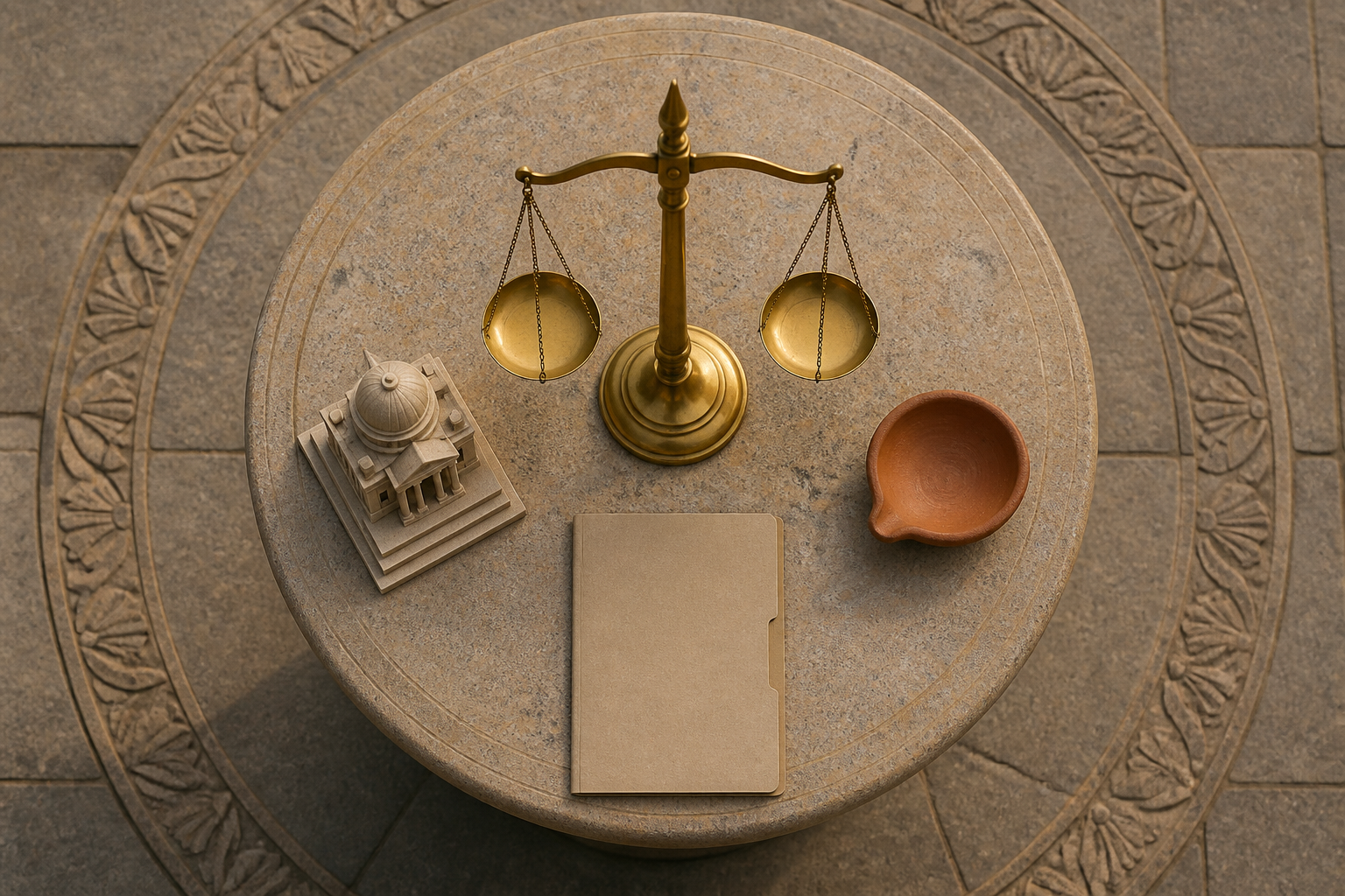 Balanced scales stand among a courthouse model, a clay lamp and a closed personal file in a stone courtyard.