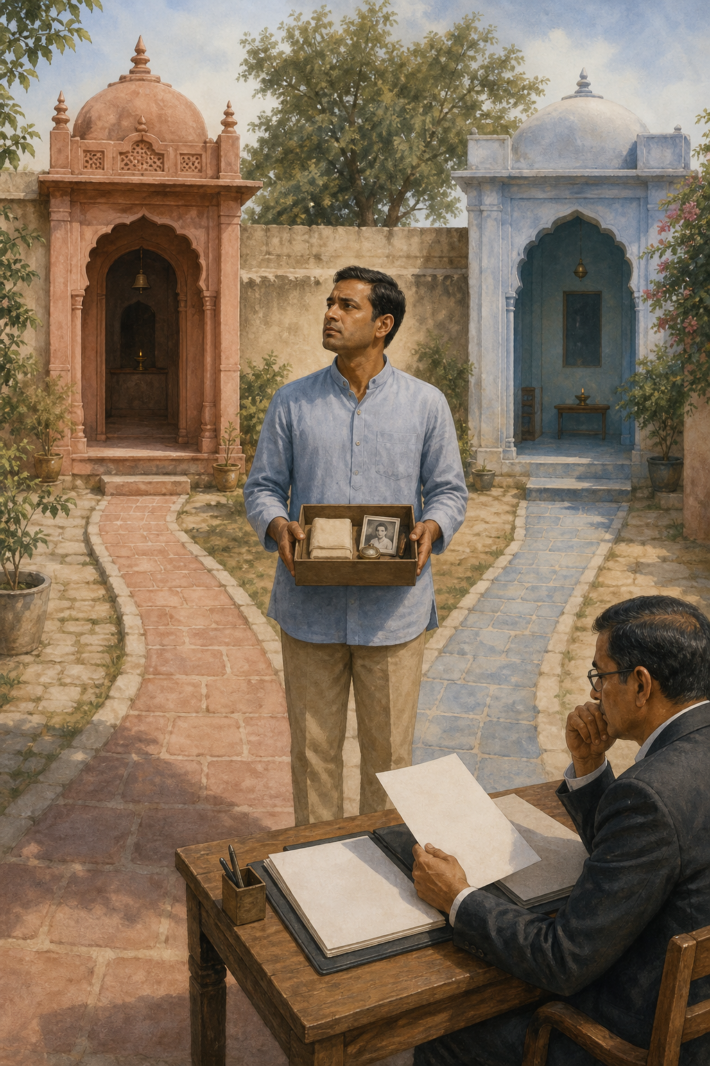 An adult with family keepsakes consults a lawyer beside two separate ceremonial pathways in a Rajasthan courtyard.