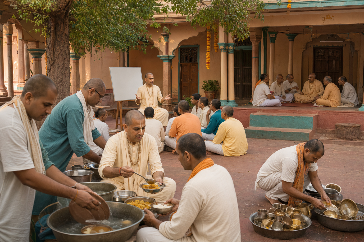 A spiritual teacher instructs students, serves a communal meal, and meets with senior practitioners in one temple courtyard.