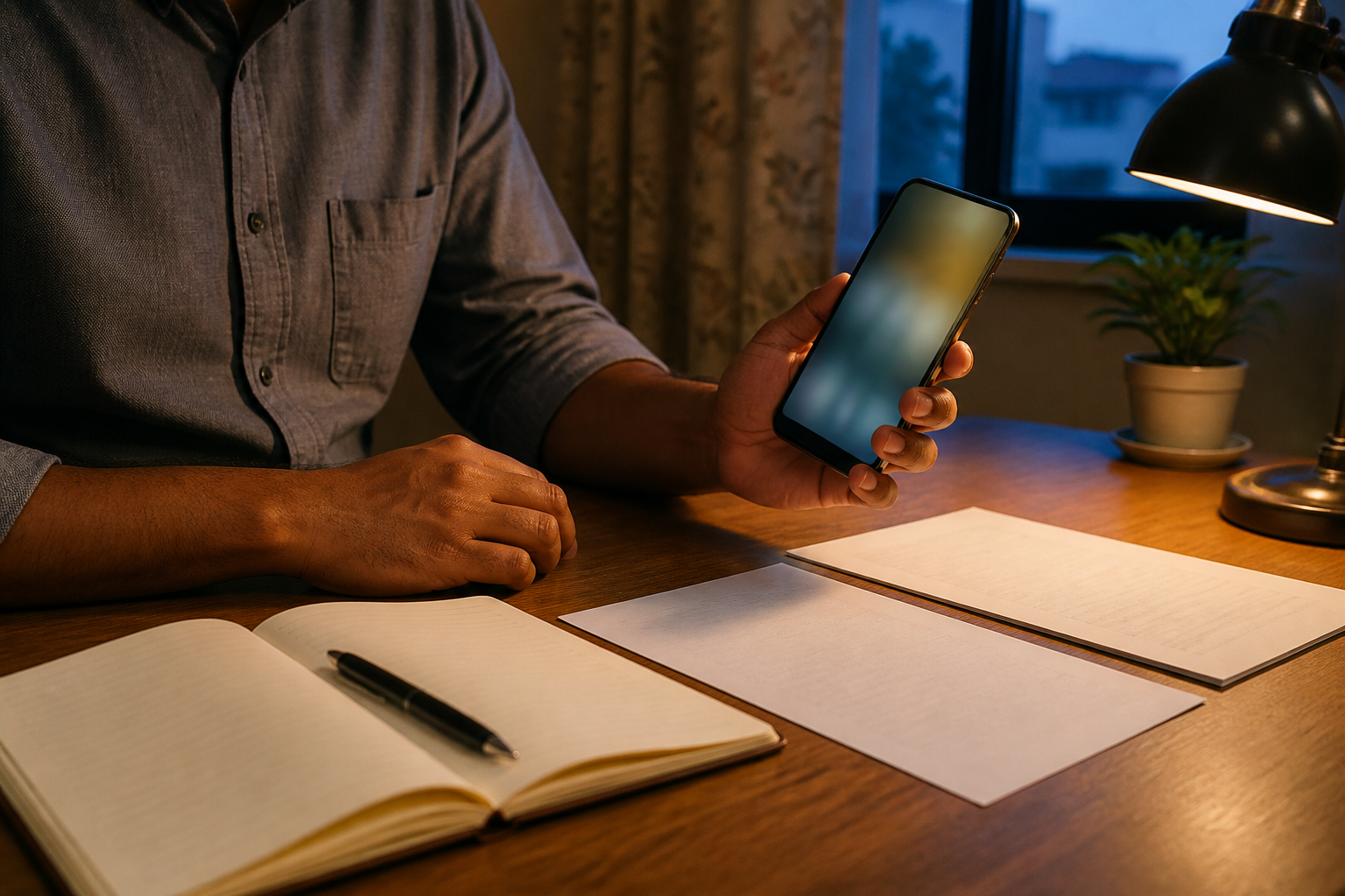 A person pauses with a smartphone while comparing two unmarked documents at a home desk.