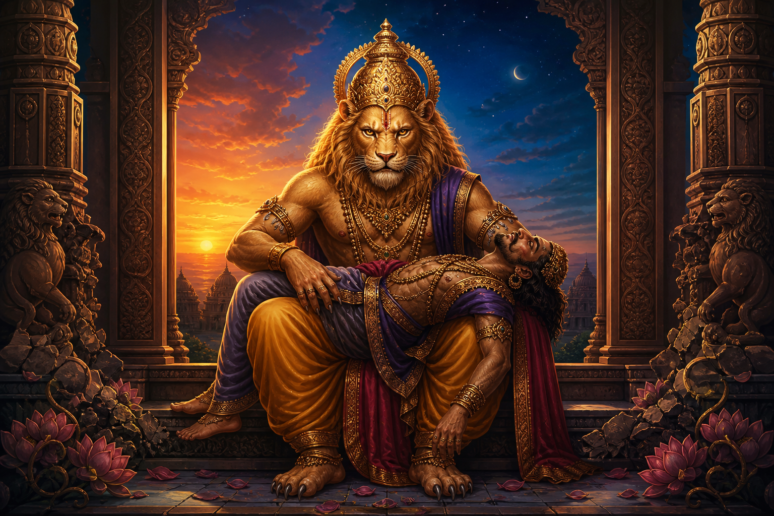 Narasimha restrains Hiranyakashipu across his lap at a palace threshold under a sky shifting from sunset to night, surrounded by balanced lotus patterns.
