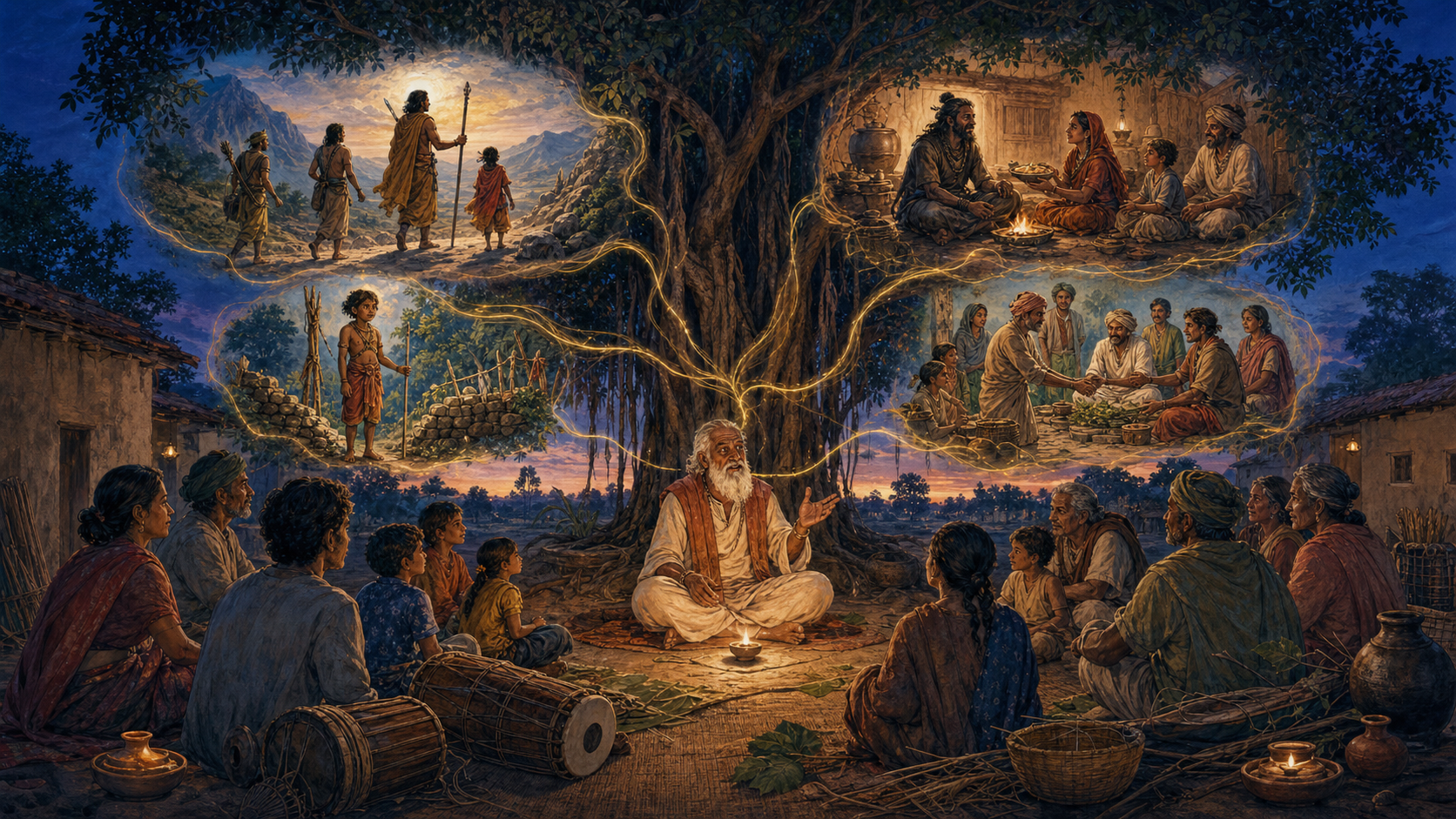 A storyteller beneath a banyan tree addresses a semicircle of village listeners as several symbolic story scenes appear in the twilight behind them.