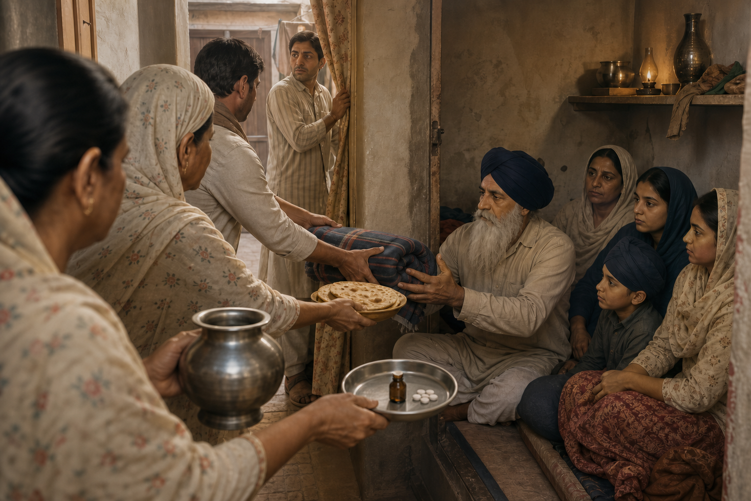 Neighbours pass food, water, medicine, and a blanket to a Sikh family hidden in a back room during the 1984 violence.