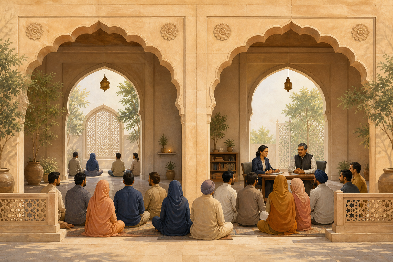 Two connected sandstone arches shelter adults in spaces for private worship and legal protection.
