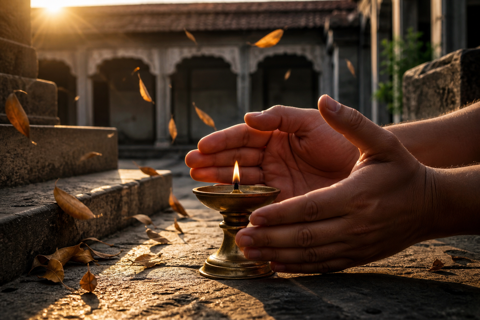 Two hands shelter a steady brass oil lamp from the wind on stone courtyard steps at dawn.