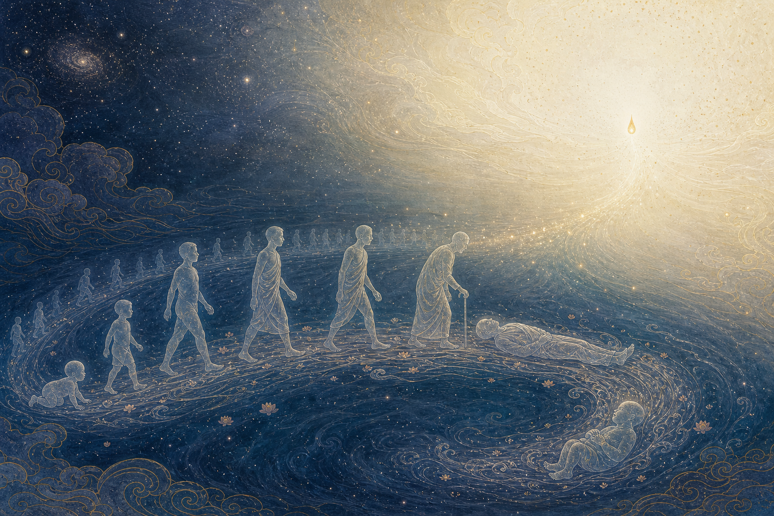 Translucent human silhouettes at different life stages move around a circular current, while a small point of light leaves the circle for an open white-gold expanse.