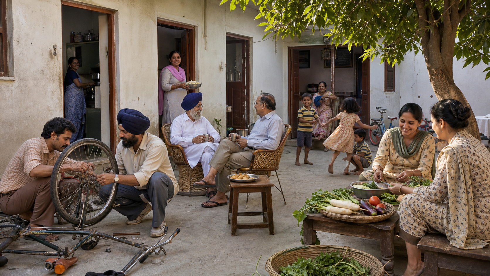 Sikh and Hindu neighbours share food, conversation, chores, and children's play in a connected Delhi courtyard before 1984.