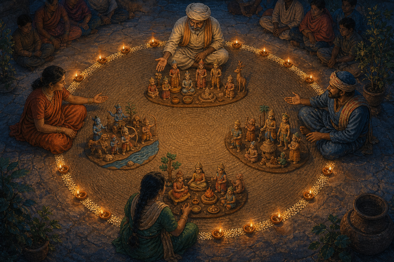 Four storytellers arrange different groups of clay figures on a woven mat enclosed by a regular border of small lamps and grains.
