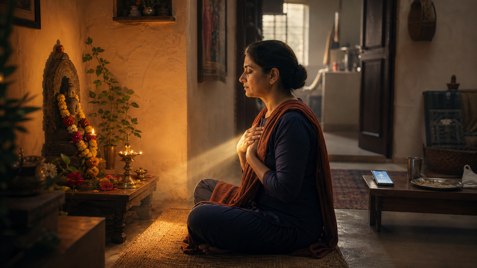 A person sits in dawn prayer before a small oil lamp and devotional alcove, with a phone and other signs of daily life visible behind them.