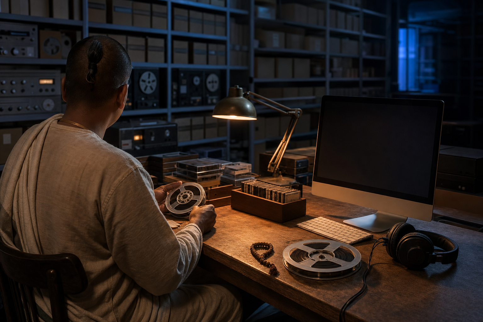 An anonymous Vaishnava archivist works at a desk among shelves of tapes, preservation equipment, headphones, and prayer beads.