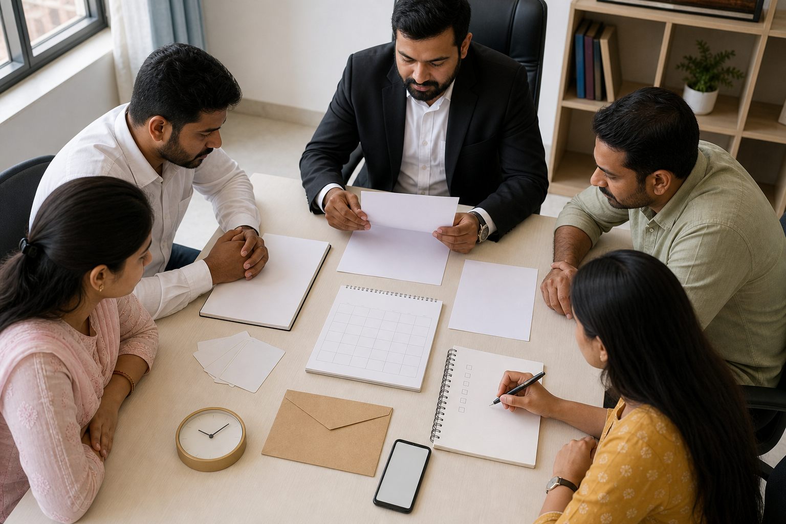 A lawyer and several adults review blank documents, an unmarked calendar, a clock, and consent forms before an event.