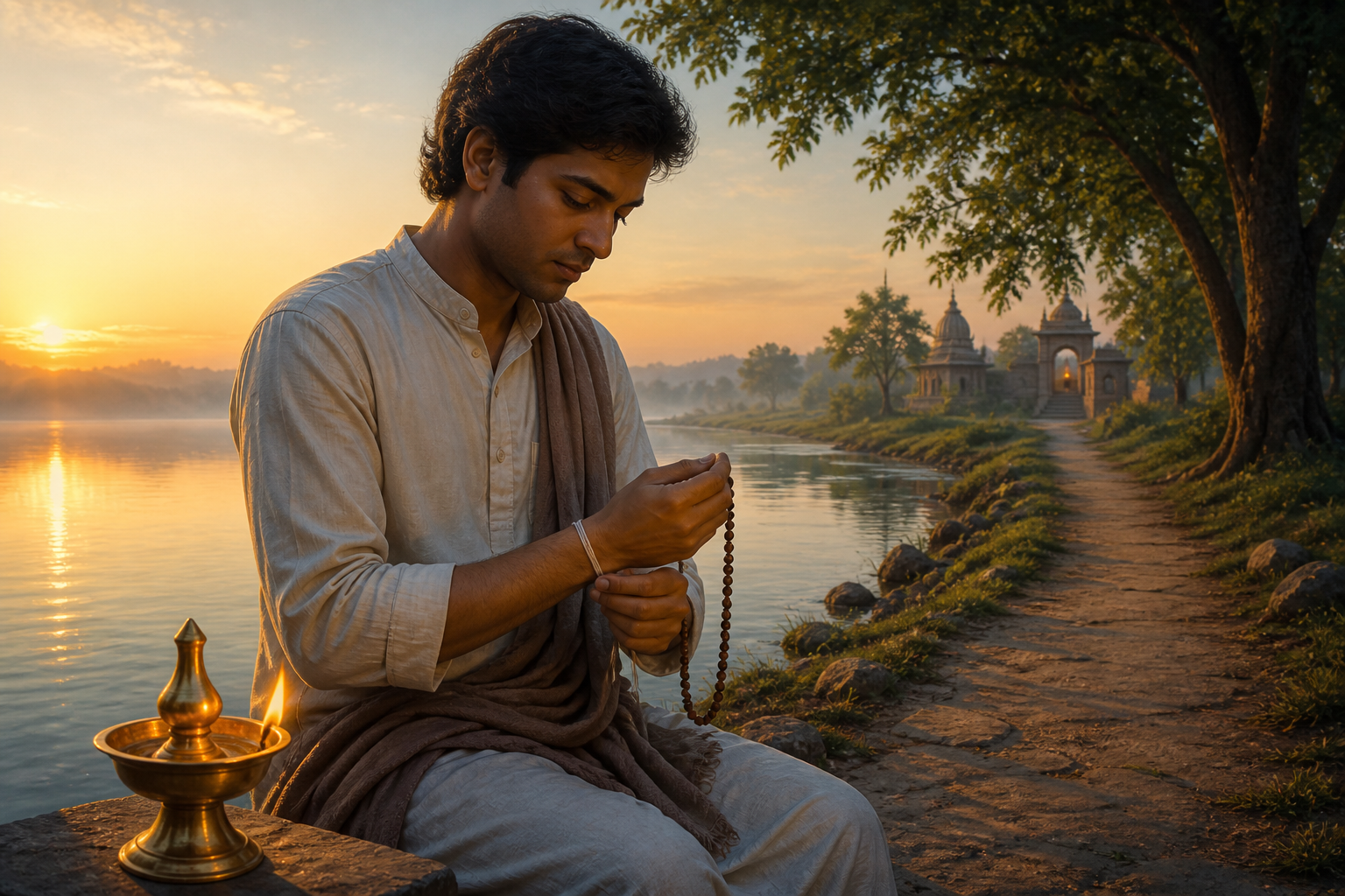 A person at a riverbank prepares to tie a plain reminder thread around their wrist beside prayer beads and a burning oil lamp.